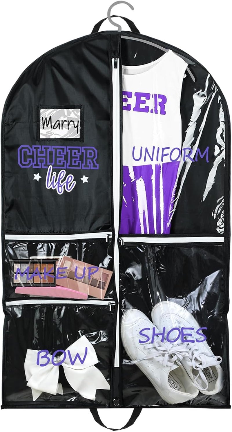 Blushtier Cheer Garment Bags for Cheerleading Uniform Waterproof Hanging Garment Bags for Dance Costumes 40 Inch Clothes Bag with 5 Pockets and Side Zip Travel Storage Cheer Uniform (Black,Purple) - Image 1
